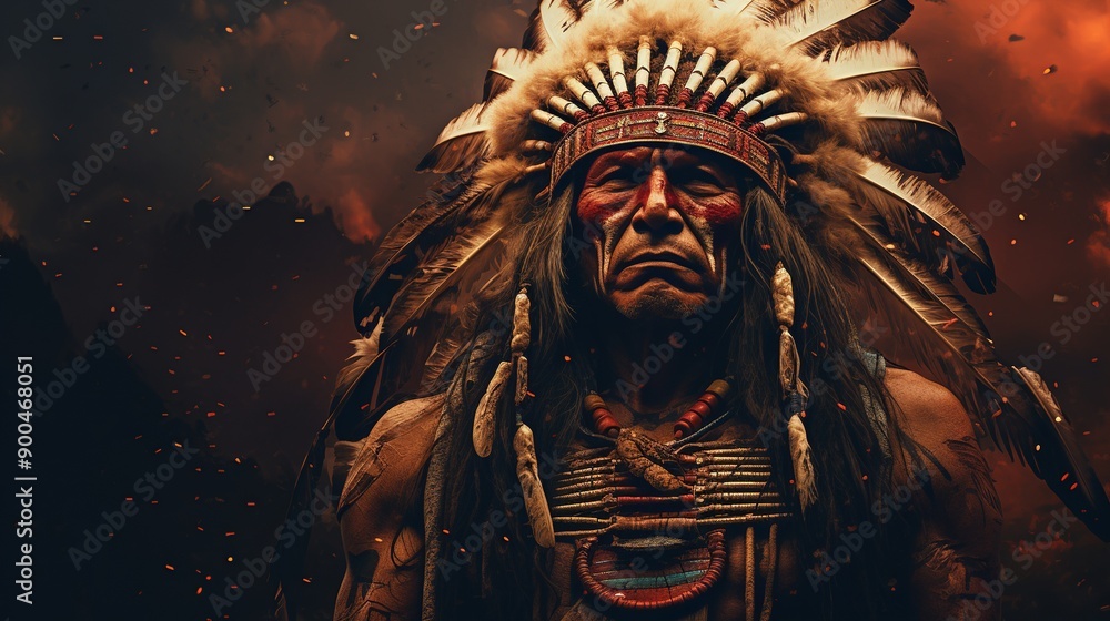 A majestic portrait of a Red Indian tribal leader. Generated Ai A majestic portrait of a Red Indian tribal leader. Generated Ai