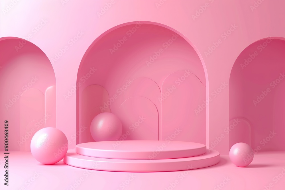 3D rendered pink podium scene with various geometric shapes in a monochromatic color scheme with an arch shaped backdrop 3D rendered pink podium scene with various geometric shapes in a monochromatic color scheme with an arch shaped backdrop