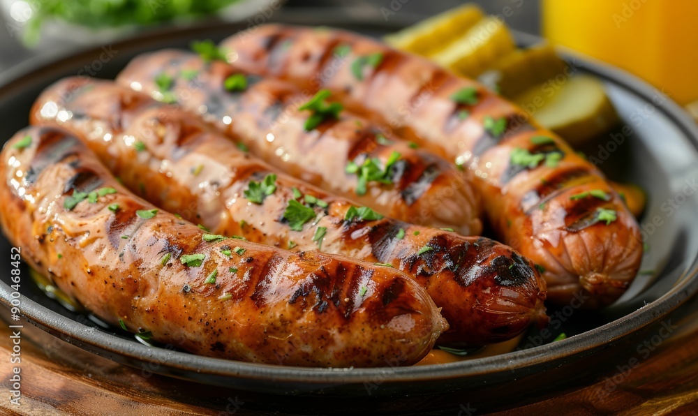 Plate of grilled sausages with tangy mustard and pickles on the side at the Oktoberfest festival. Plate of grilled sausages with tangy mustard and pickles on the side at the Oktoberfest festival.