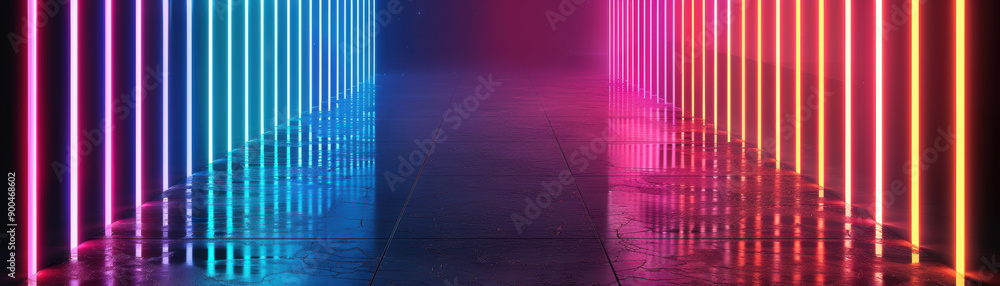 Vibrant neon-lit corridor with a futuristic vibe, showcasing blue and pink vertical lights reflecting off the wet floor, creating a mesmerizing visual effect. Vibrant neon-lit corridor with a futuristic vibe, showcasing blue and pink vertical lights reflecting off the wet floor, creating a mesmerizing visual effect.