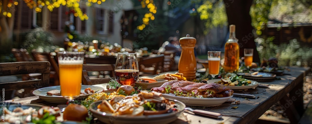Rustic table set with an array of Bavarian delicacies under festive decor. Rustic table set with an array of Bavarian delicacies under festive decor.