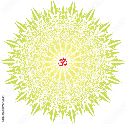 Openwork mandala in green and yellow with the sign aum, om, ohm in center. Vector graphics art. Esoteric pictures.