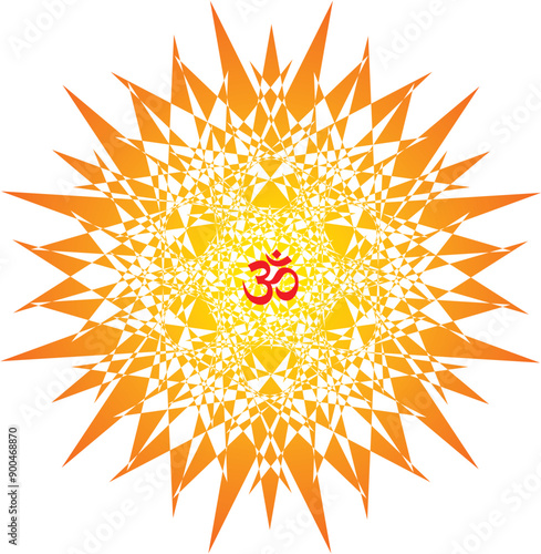 Openwork elegant mandala on a mandala background with aum, om, ohm sign in center. Yellow, orange and blue colors. Vector graphics.