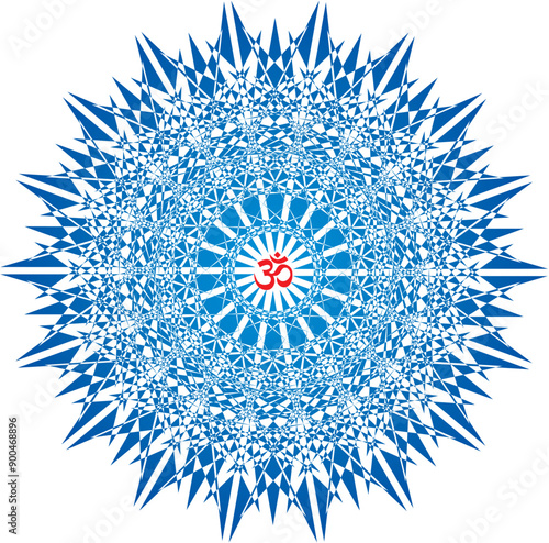 Openwork elegant mandala in blue tones on a white background. The sign aum, om, ohm in the center. Blue and light blue colors. Vector graphics.