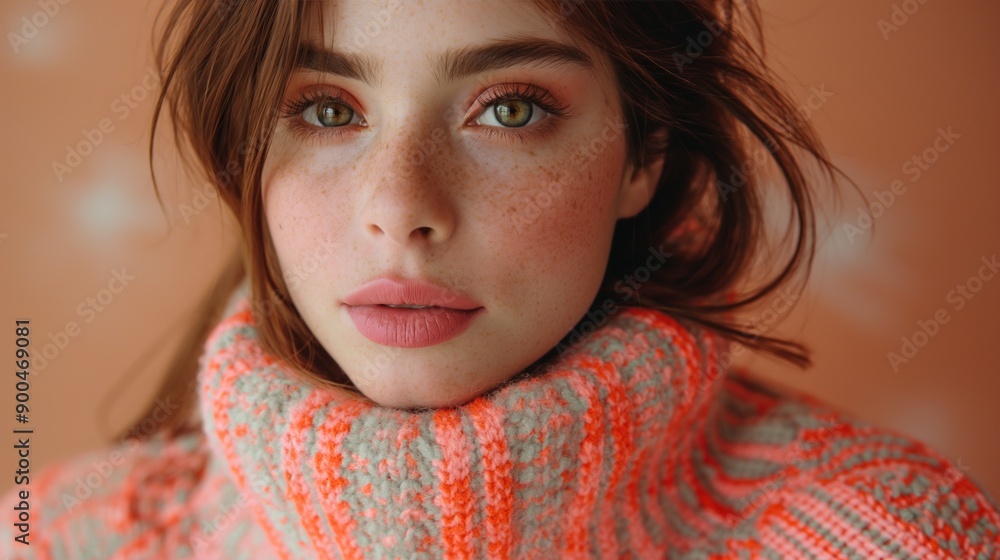 A young woman model poses wearing a colorful sweater in soft afternoon light A young woman model poses wearing a colorful sweater in soft afternoon light