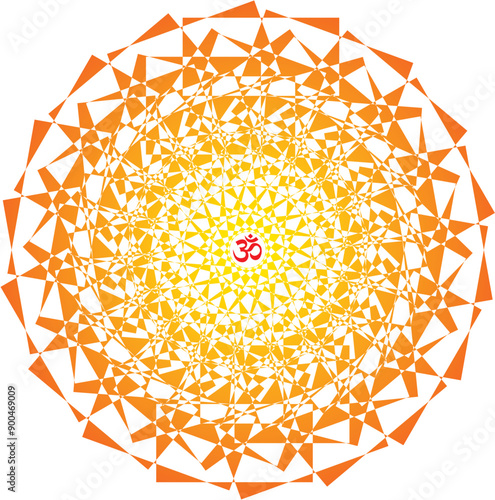 Man_06-2024_zy1Openwork yellow-orange elegant mandala on a white background. The sign aum, om, ohm in the center. Yellow, orange colors. Vector graphics.11.eps