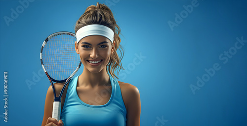 Confident woman tennis player in uniform holding tennis racket on blue background. Health and sport concept. United States Open Tennis Championships, US Open. Banner with copy space photo