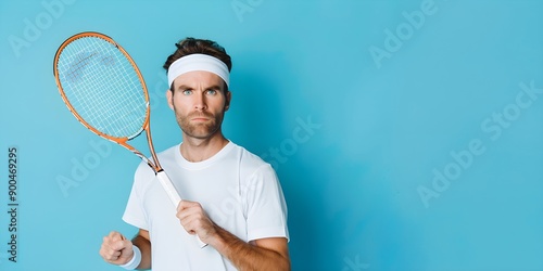 Happy man tennis player in uniform holding tennis racket on blue background. Health and sport concept. United States Open Tennis Championships, US Open. Banner with copy space photo