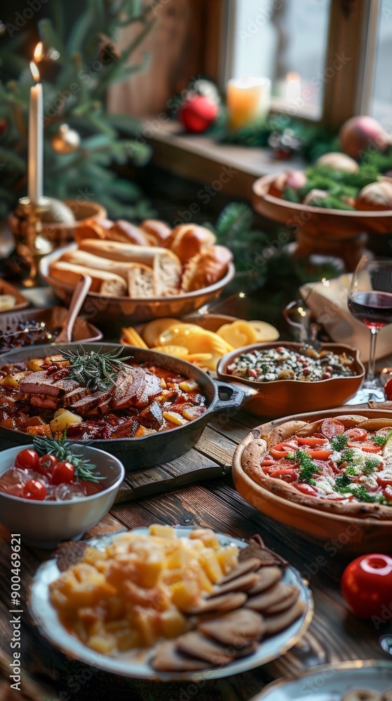 Fototapeta premium Rustic table set with an array of Bavarian delicacies under festive decor.