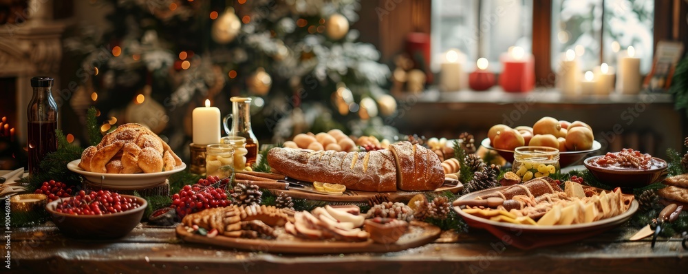Rustic table set with an array of Bavarian delicacies under festive decor. Rustic table set with an array of Bavarian delicacies under festive decor.