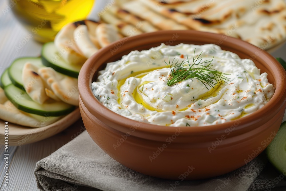 A bowl of creamy tzatziki dip, topped with a drizzle of olive oil and a sprig of dill, served with sliced cucumber and pita bread. A bowl of creamy tzatziki dip, topped with a drizzle of olive oil and a sprig of dill, served with sliced cucumber and pita bread.