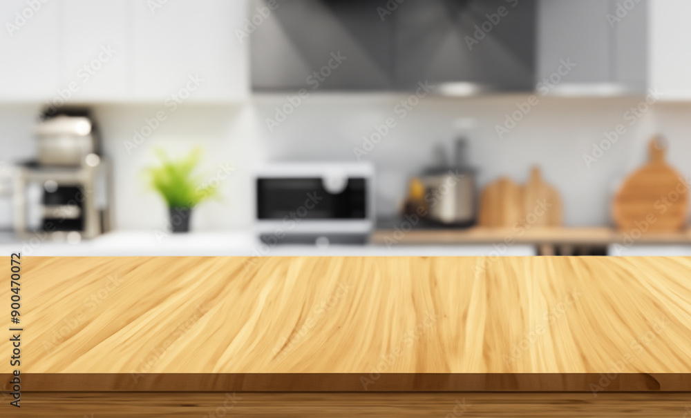 Empty table countertop with blurred kitchen background Empty table countertop with blurred kitchen background