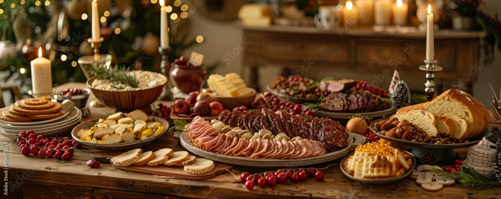 Rustic table set with an array of Bavarian delicacies under festive decor. Rustic table set with an array of Bavarian delicacies under festive decor.