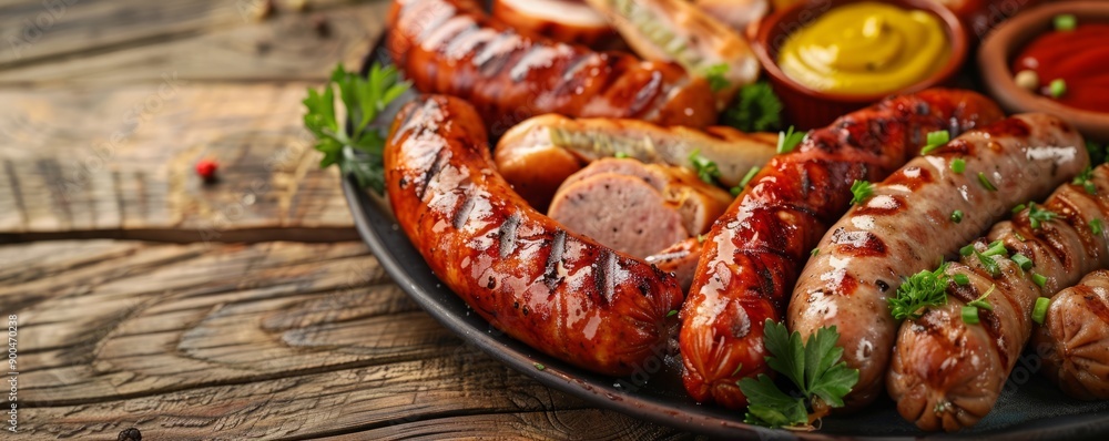 Plate of assorted grilled sausages served with pickles and mustard on a wooden Oktoberfest table. Plate of assorted grilled sausages served with pickles and mustard on a wooden Oktoberfest table.