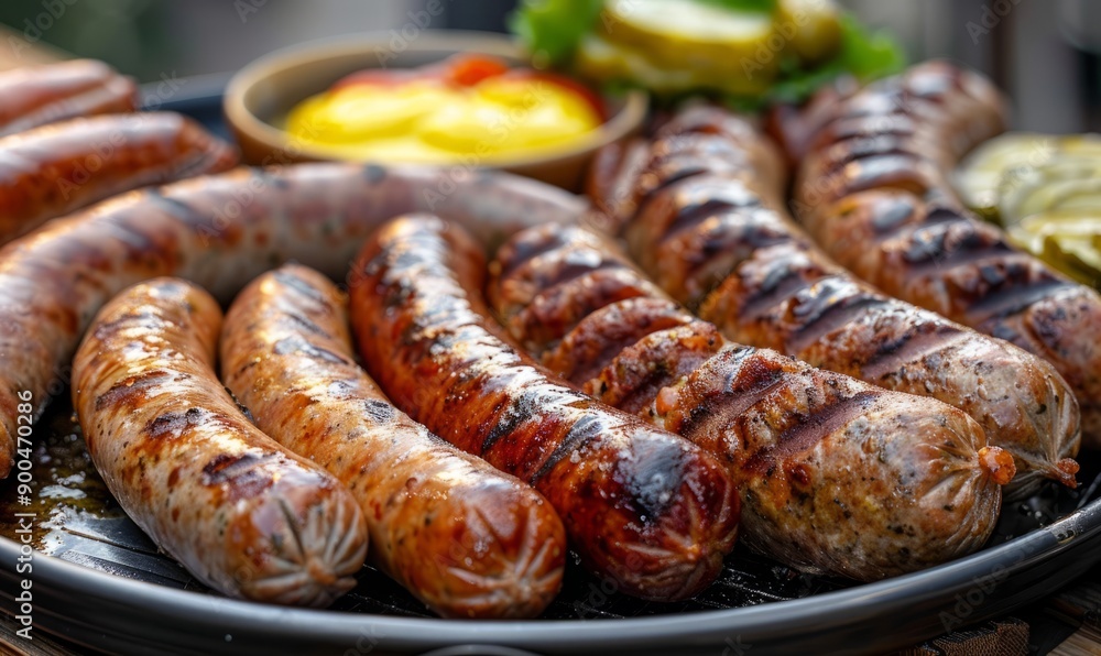 Fototapeta premium Plate of assorted grilled sausages served with mustard and pickles at the Oktoberfest festival.