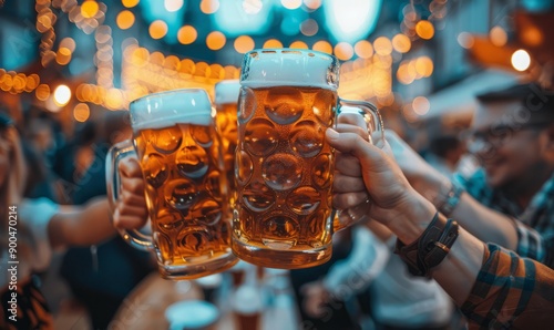 Group of people in lederhosen and dirndls raising their beer steins in a cheerful toast at the Oktoberfest festival. photo