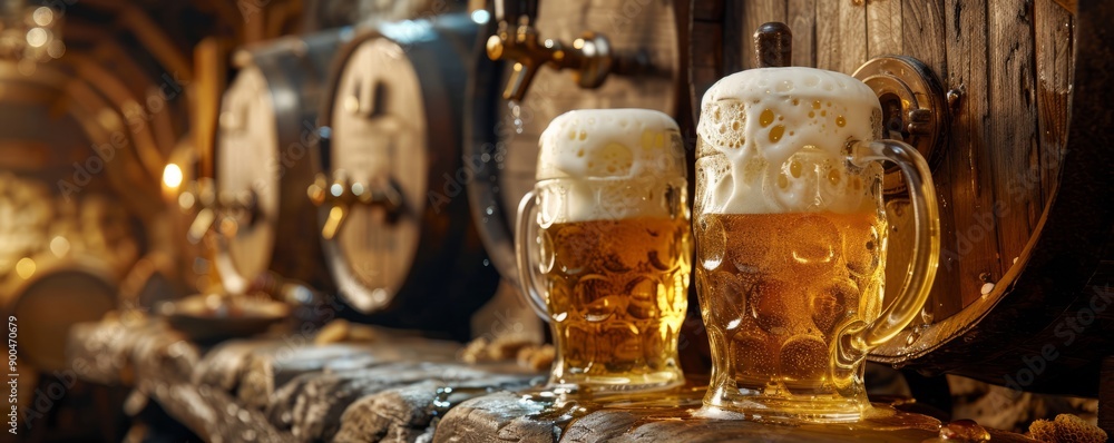 Wooden keg with a traditional tap pouring frothy beer into steins. Wooden keg with a traditional tap pouring frothy beer into steins.