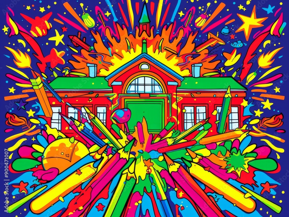 Obraz premium Colorful abstract illustration of school building with pencils and stars.