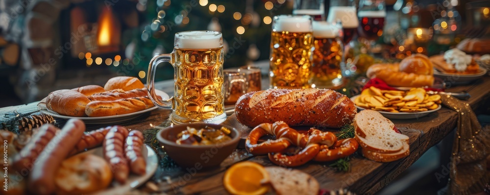 Rustic table adorned with beer steins, pretzels, and sausages under decorations. Rustic table adorned with beer steins, pretzels, and sausages under decorations.