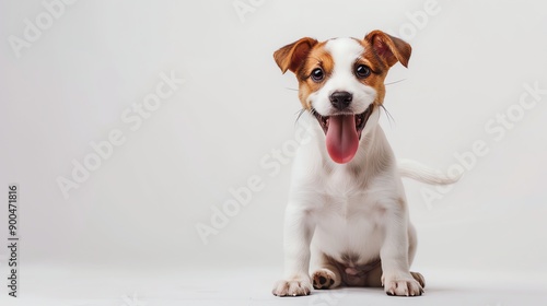 A studio shot of a happy Jack Russell Terrier puppy with its mouth open and pink tongue hanging out in excitement. photo