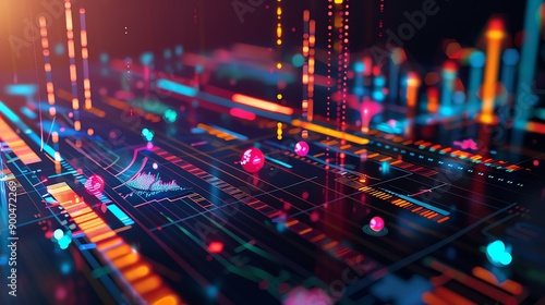 3D rendering of a circuit board with glowing pink and blue lights. The background is dark and there are small glowing dots of light in the distance.