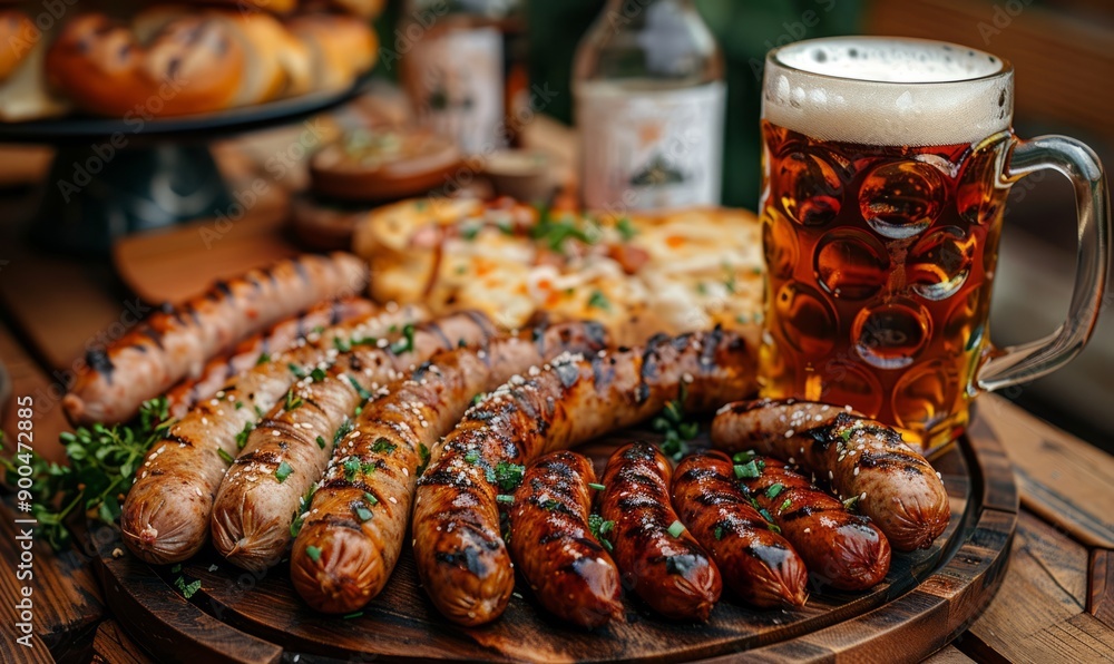 Rustic table set with assorted sausages and a mug of beer at the Oktoberfest festival. Rustic table set with assorted sausages and a mug of beer at the Oktoberfest festival.