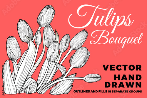 Vector hand drawn tulips bouquet with petals, flowers, leaves, stem. Spring flowers isolated on a coral background. Easy to use and edit flower assets. The bouquet is whole not separated.
