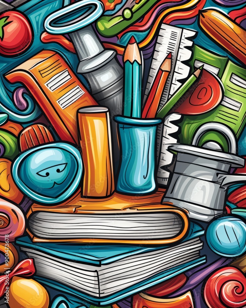 Colorful cartoon illustration of school supplies. Colorful cartoon illustration of school supplies.