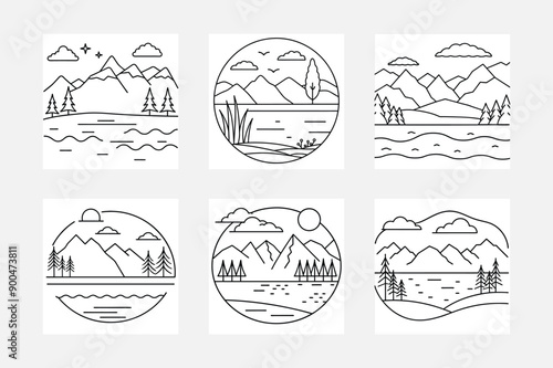 Scenic lake line art illustration set
