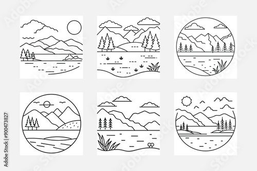 Beautiful lake line art illustration set
