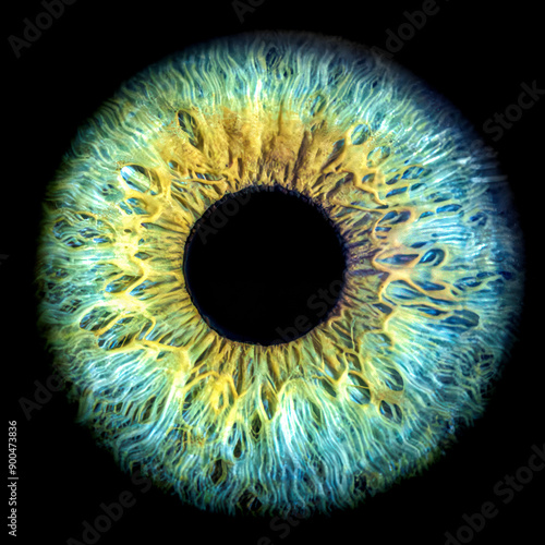 Macro shot of a colorful human iris with intricate details and mesmerizing patterns