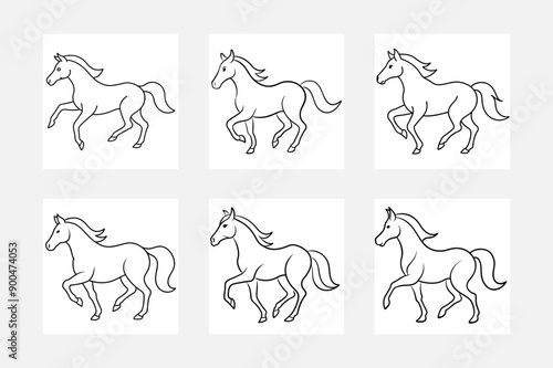 Galloping horse line art illustration set collection
 photo