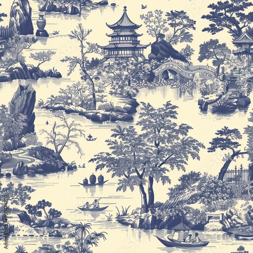 blue toile de jouy asian antique style art seamless repeating pattern