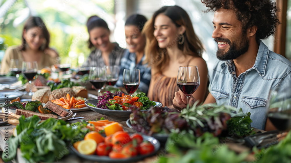 Group of friends enjoying a meal with wine and fresh vegetables at an outdoor dining table
Group of friends enjoying a meal with wine and fresh vegetables at an outdoor dining table