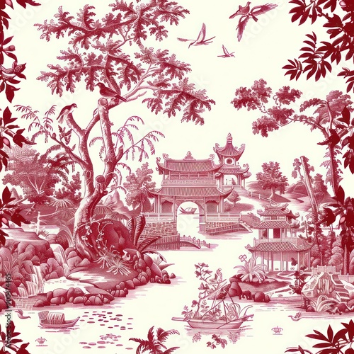 red toile de jouy antique chinese asian style art seamless repeating pattern