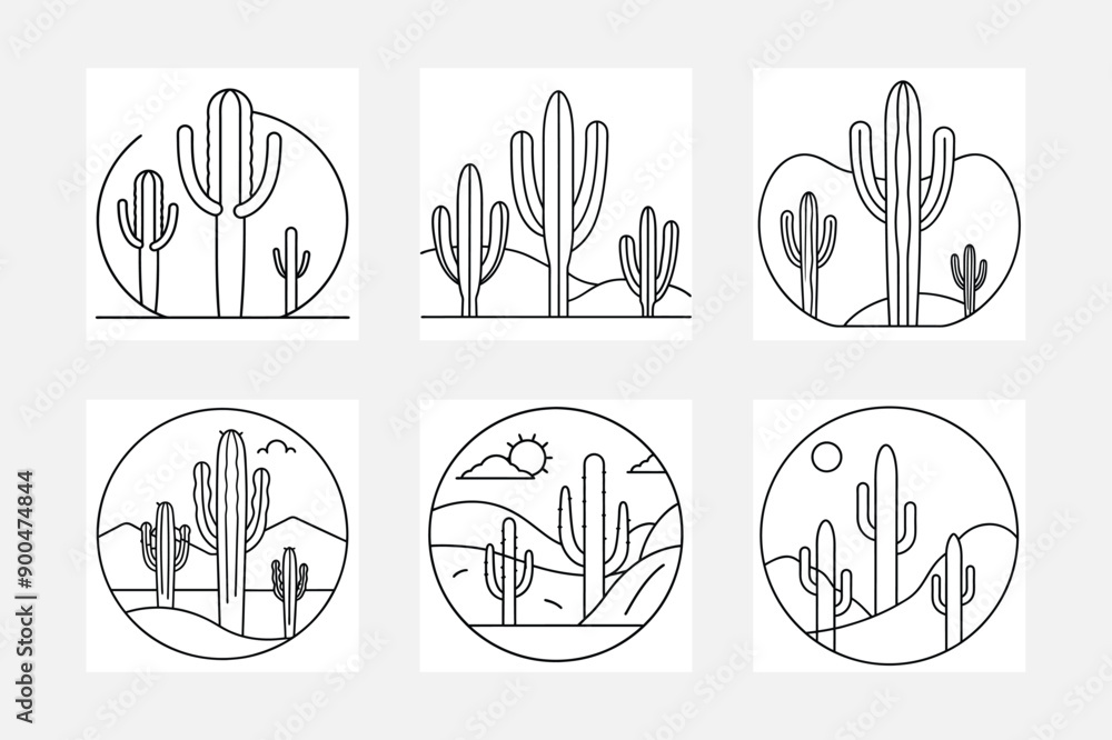 Fototapeta premium Simple desert cactus line art illustration