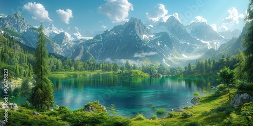 Majestic Mountain Lake Surrounded by Lush Greenery