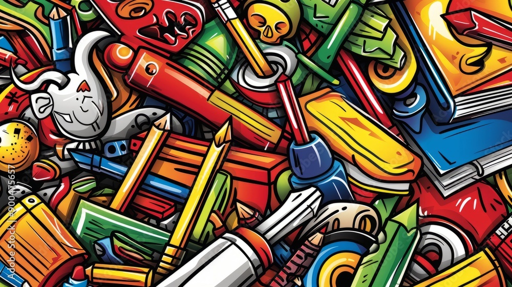 Obraz premium Colorful doodle pattern with various objects, great for background or texture.