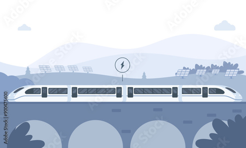 Sustainable transportation concept. Fast train passes through fields with lots of solar panels and mountain views. High-speed railway transport sustainability. Electric train Vector illustration