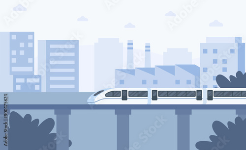 Sustainable transportation concept. Fast train passes through fields with lots of solar panels and mountain views. High-speed railway transport sustainability. Electric train Vector illustration