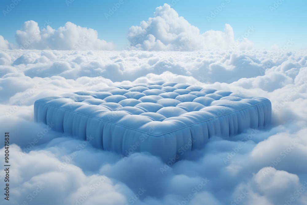 Obraz premium A comfortable blue mattress floating in the clouds. Product presentation. Generated Ai