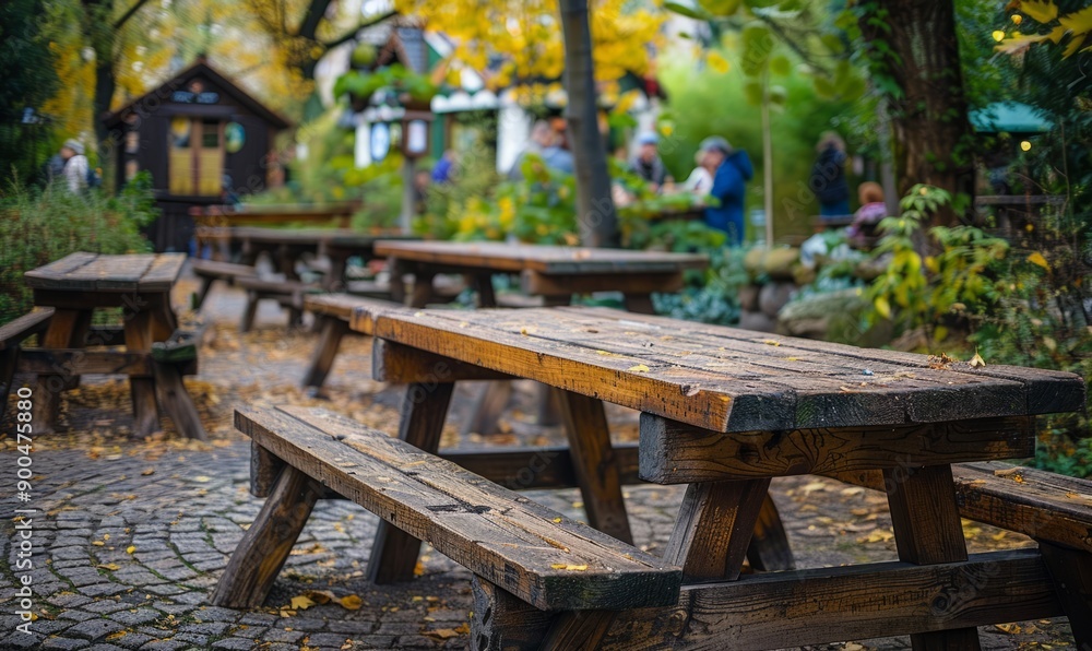 Rustic wooden bench in a beer garden at the Oktoberfest festival. Rustic wooden bench in a beer garden at the Oktoberfest festival.