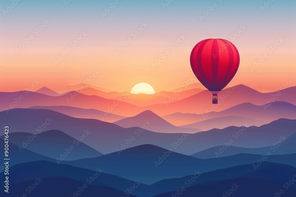 Hot Air Balloon Soaring Above Misty Mountains at Sunset Hot Air Balloon Soaring Above Misty Mountains at Sunset