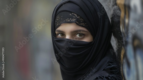 Portrait of a young Muslim woman in black hijab looking at camera