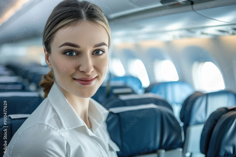 Flight attendant working aboard a commercial airliner Flight attendant working aboard a commercial airliner