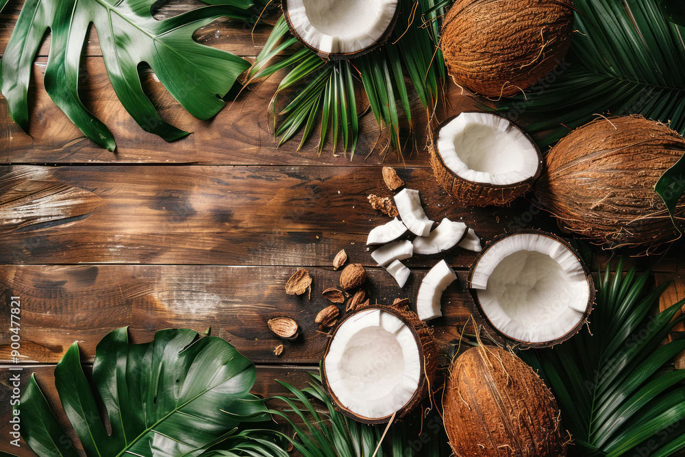 Top view of fresh coconut with green leaf Top view of fresh coconut with green leaf