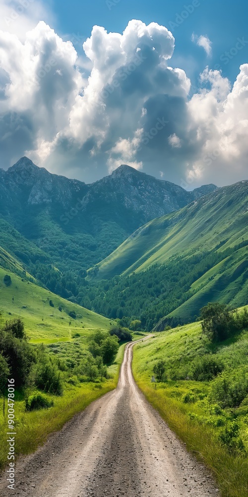 A road winds through a lush green valley with mountains in the background. The sky is cloudy, but the sun is shining through the clouds, creating a warm and inviting atmosphere A road winds through a lush green valley with mountains in the background. The sky is cloudy, but the sun is shining through the clouds, creating a warm and inviting atmosphere