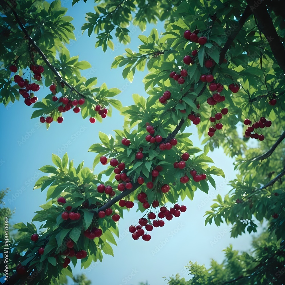 Bountiful cherry tree showcasing its glossy green leaves and a generous harvest of ripe, ruby-colored cherries in a scenic outdoor scene Bountiful cherry tree showcasing its glossy green leaves and a generous harvest of ripe, ruby-colored cherries in a scenic outdoor scene