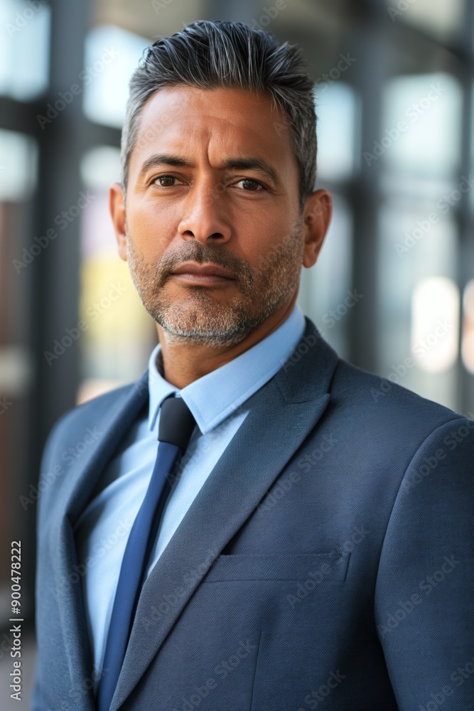A man in a suit and tie poses for a photo. He looks serious and focused. Concept of professionalism and formality A man in a suit and tie poses for a photo. He looks serious and focused. Concept of professionalism and formality