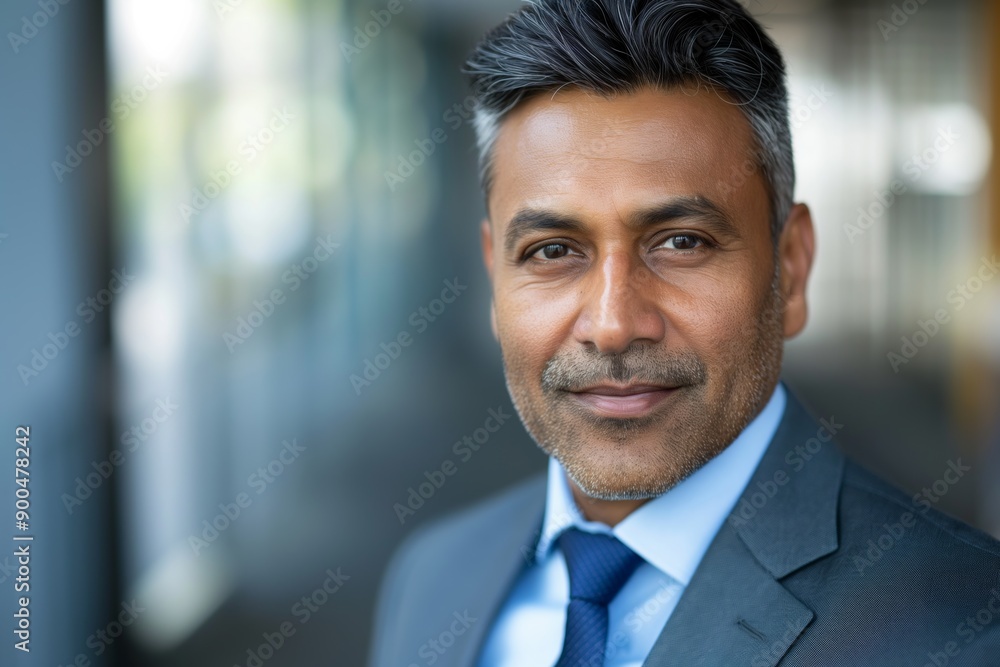 A man in a suit and tie is smiling for the camera. He looks confident and professional. Concept of success and accomplishment A man in a suit and tie is smiling for the camera. He looks confident and professional. Concept of success and accomplishment